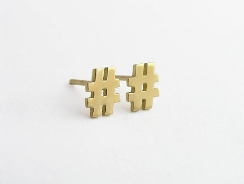 14k gold hashtag earrings studs
