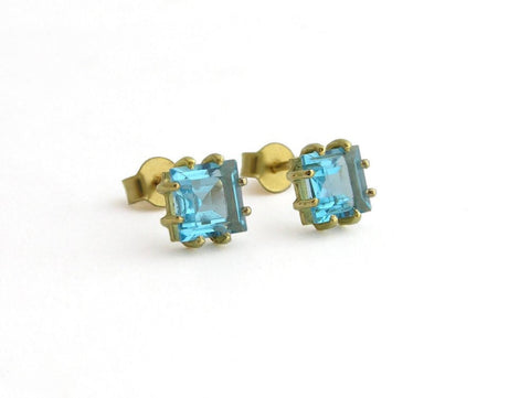 14k gold earrings, blue topaz stud earrings
