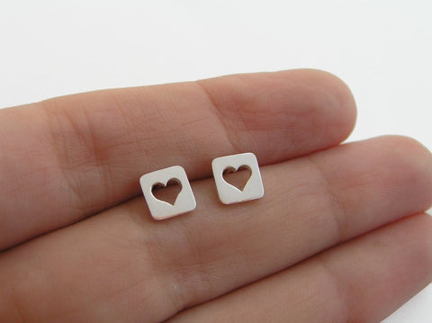 heart earrings, square studs, sterling silver