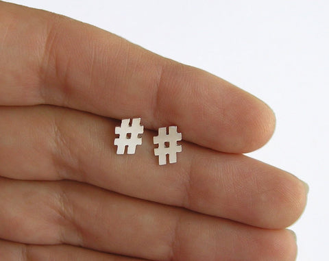 hashtag earrings, twitter silver studs
