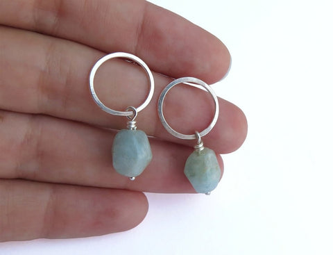silver circle and Aquamarine dangle earrings